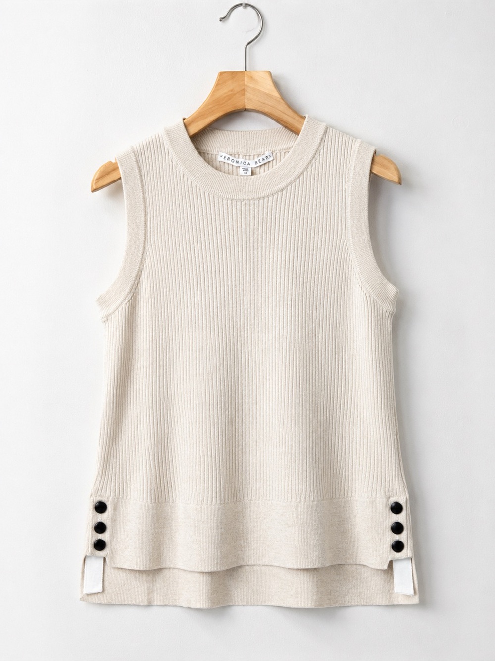 Veronica Beard Merino Wool Rib Knit Sweater Tank Cream Side Buttons Size M